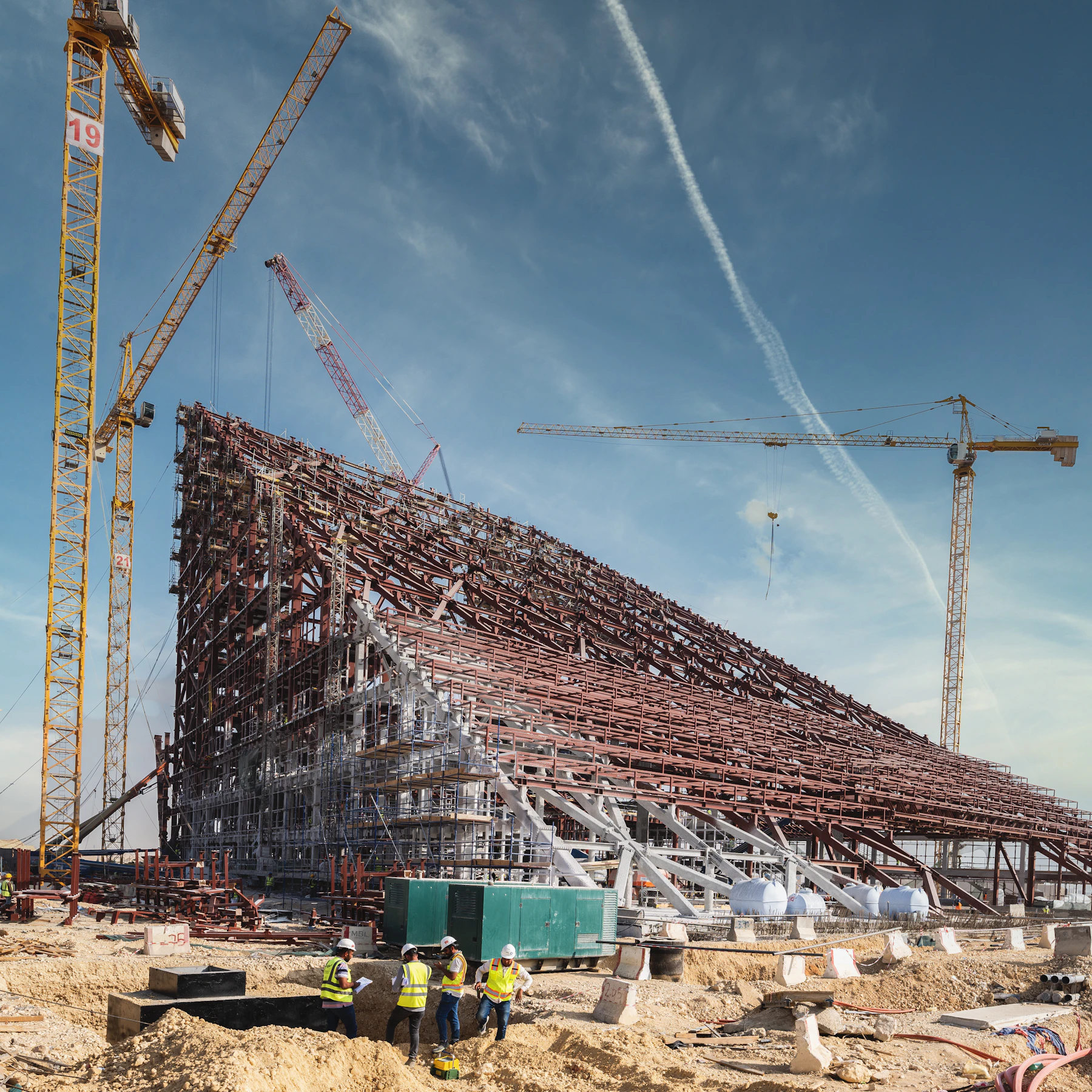 Steel structure of a large construction project with tower cranes